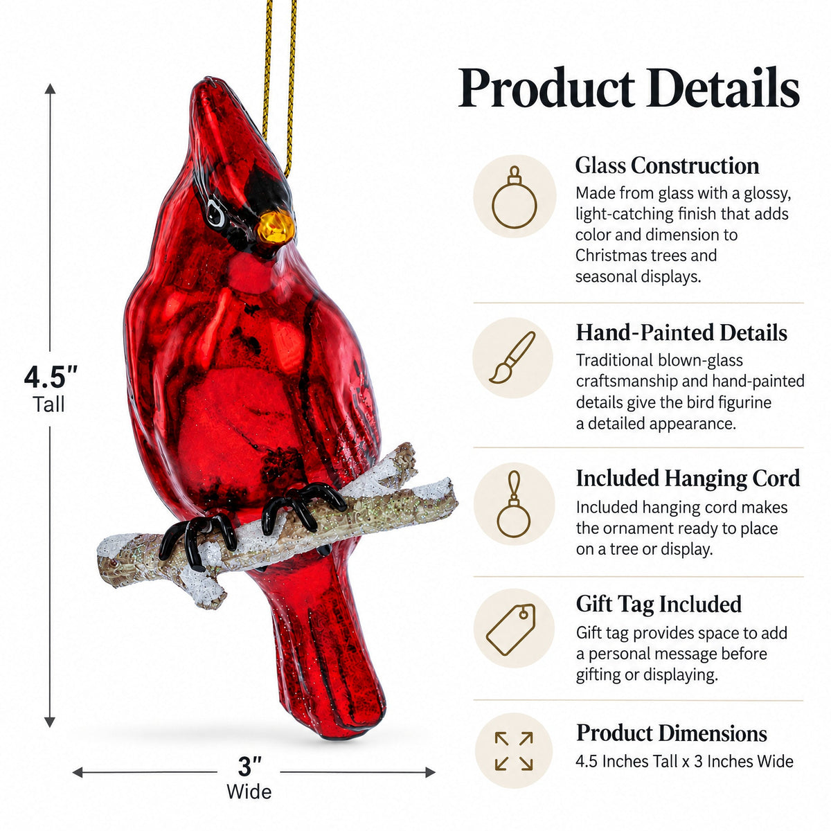 Red Cardinal Blown Glass Christmas Ornament