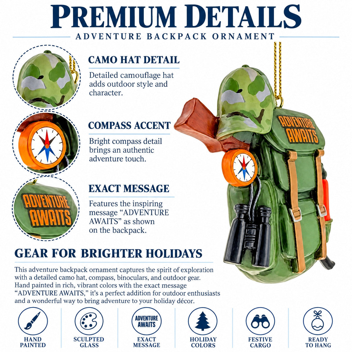 Hiking Camping Adventure Backpack Camo Binoculars Resin Christmas Ornament