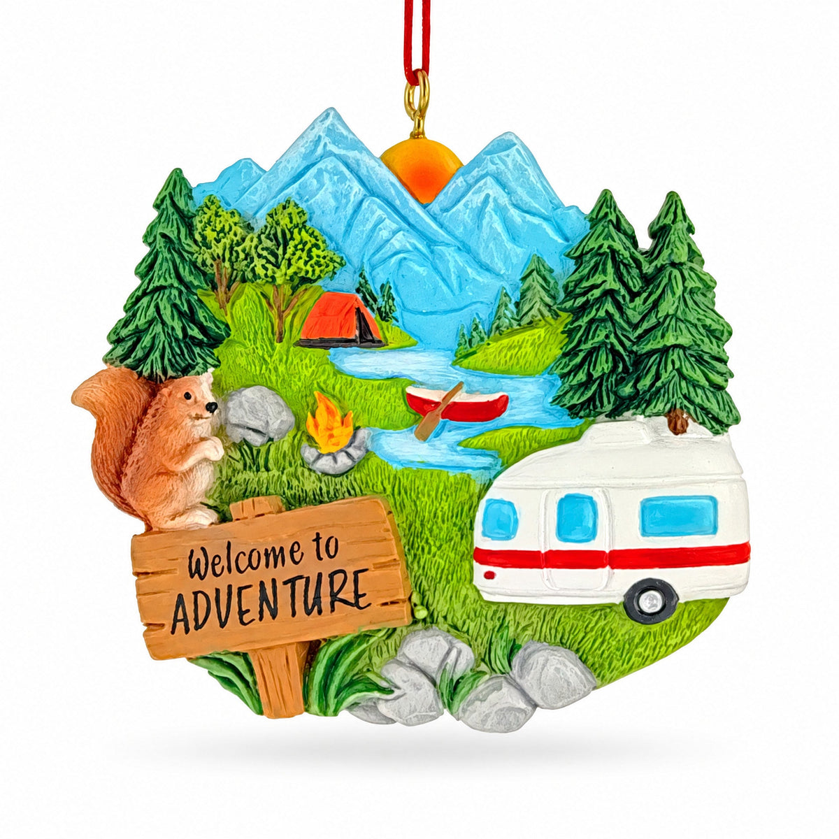Mountain Camping RV And Campfire Resin Christmas Ornament