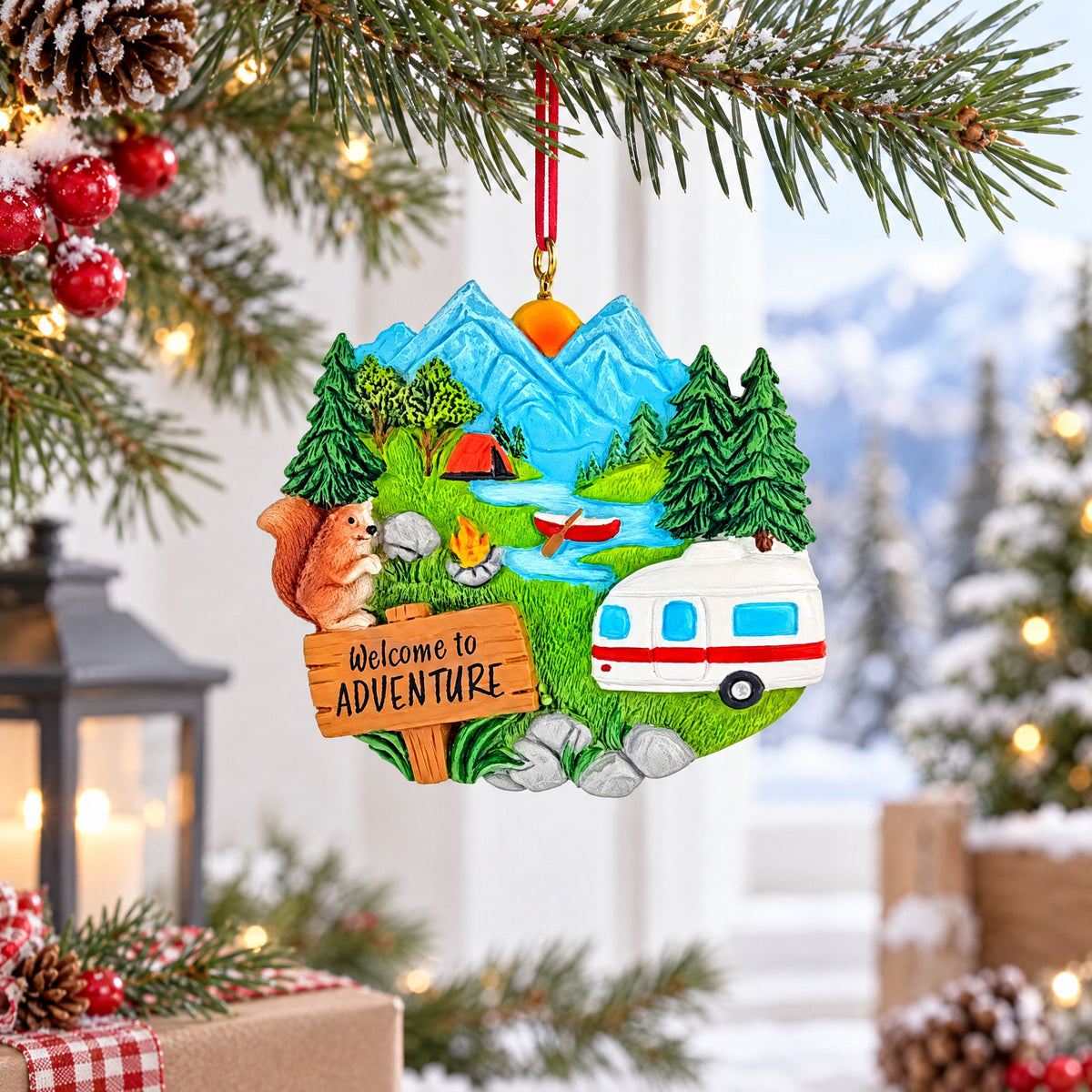 Mountain Camping RV And Campfire Resin Christmas Ornament